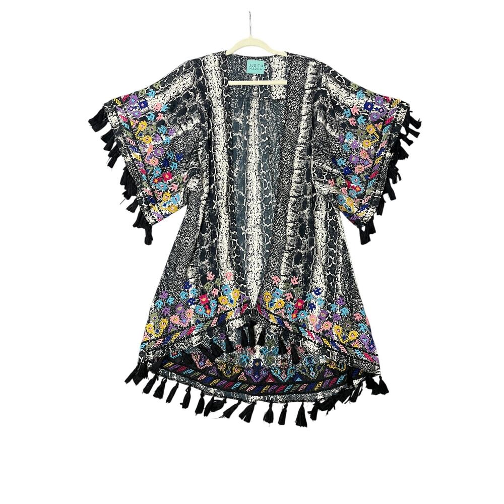 Judith March Snakeskin Floral Embroidered Open Front Cardigan Kimono Medium Boho